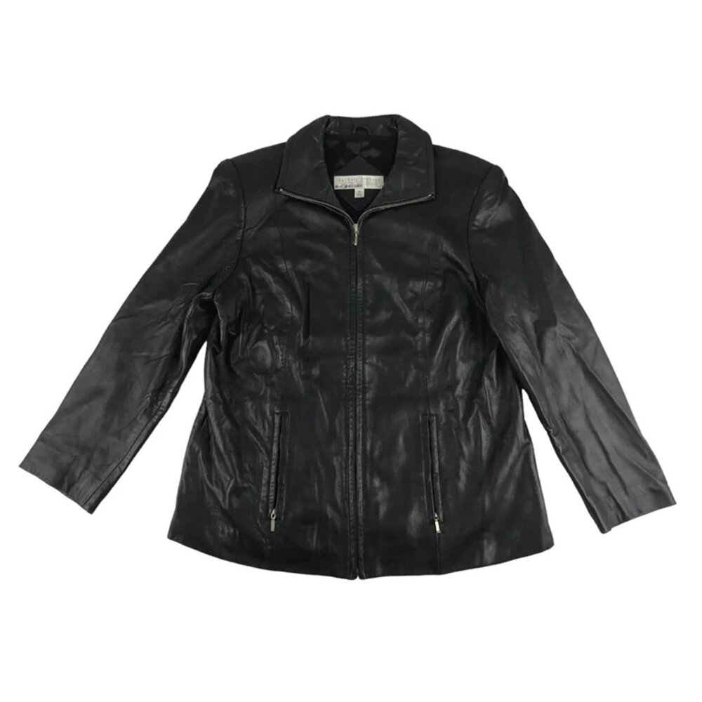 Valerie Stevens Jacket Womens Black Leather Long Sleeve Full Zip Overcoat Size M